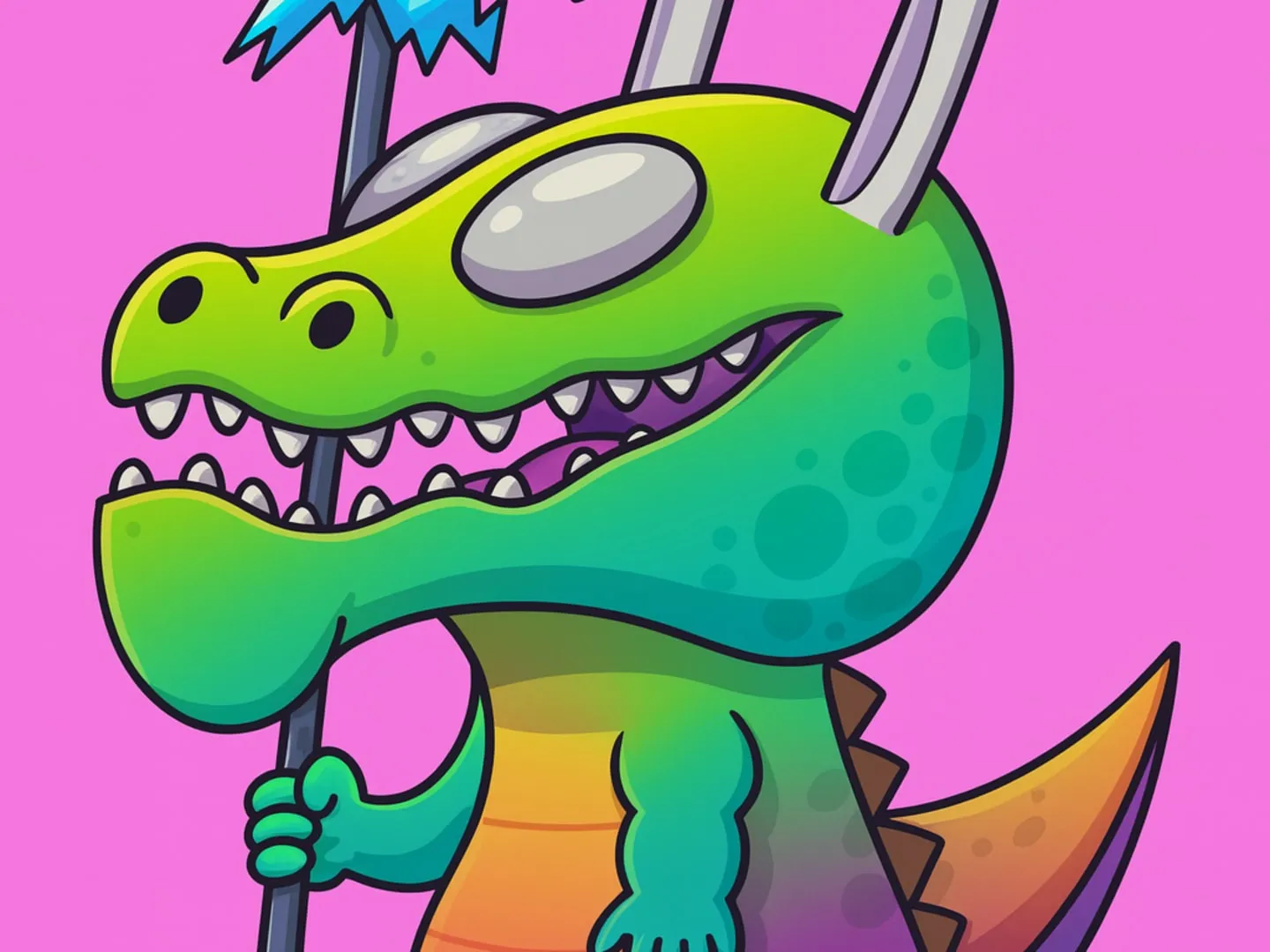 A grinning green gator holding a crystal-tipped staff, on a hot pink background