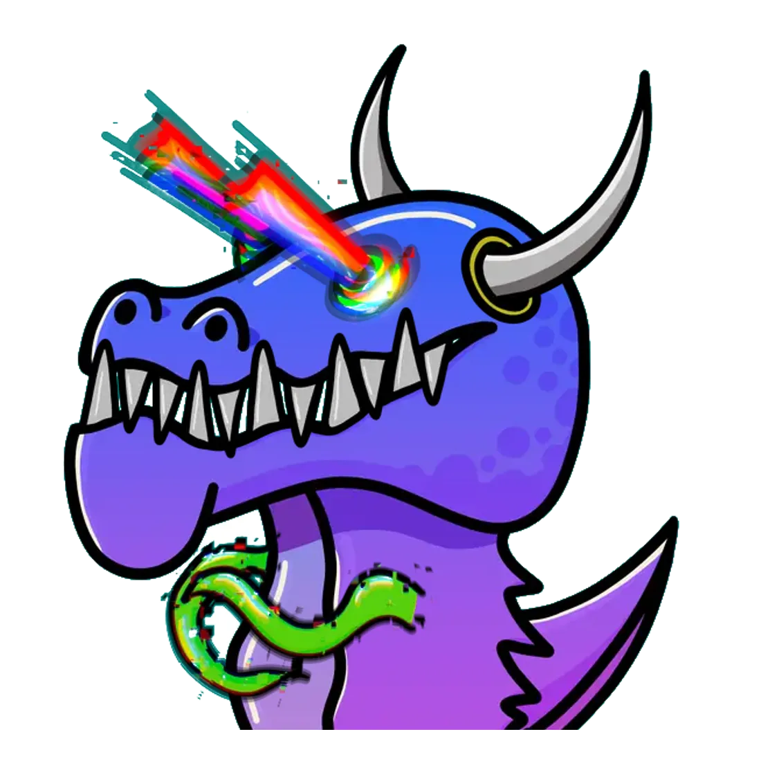 Sticker of a purple gator with horns and a glitching rainbow laser eye