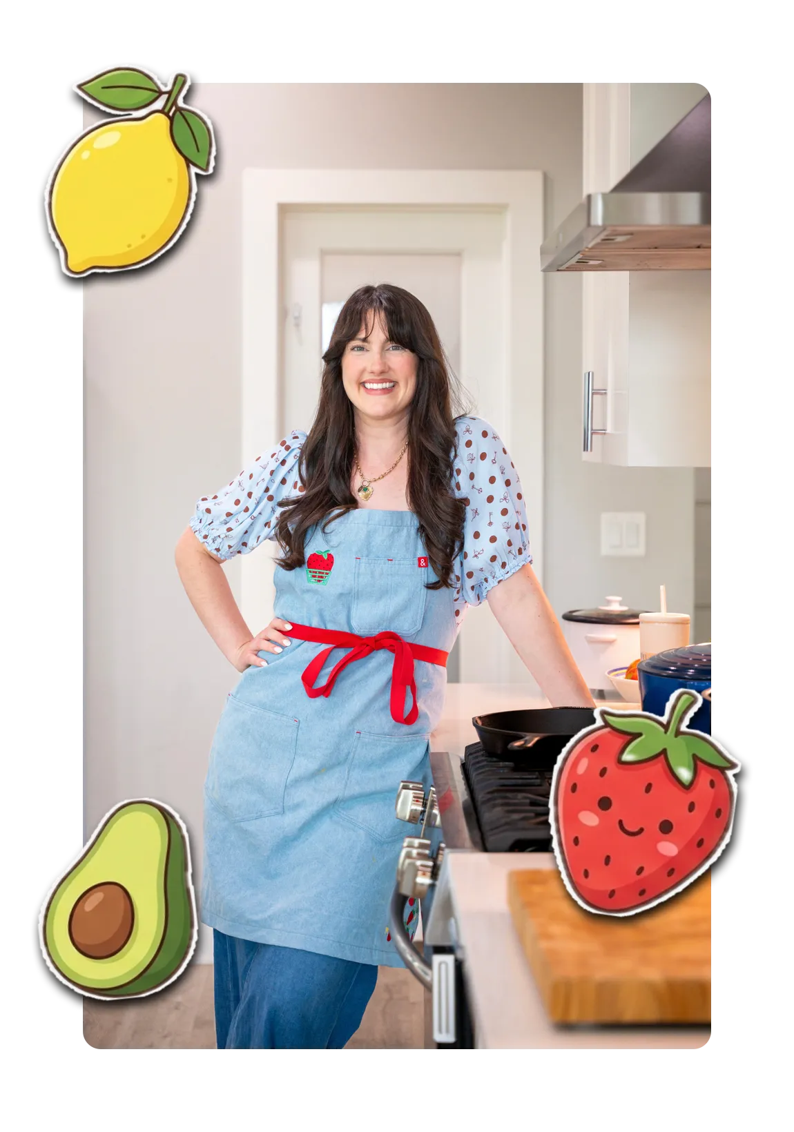 Haley in her kitchen, with photos of her recipes stickered over the picture