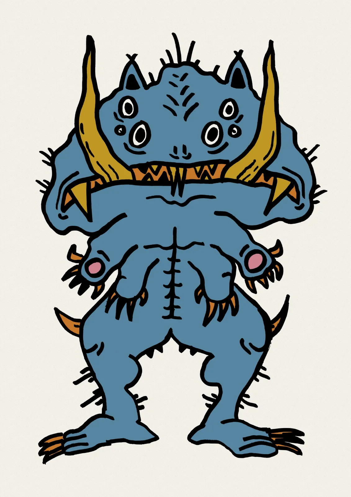 A colored page from the book: a blue four-eyed monster with gold tusks, orange claws, and pink paw pads