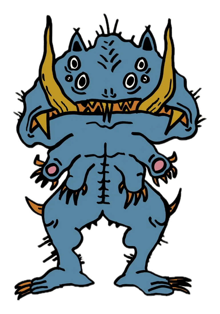Sticker of a blue four-eyed monster with gold tusks