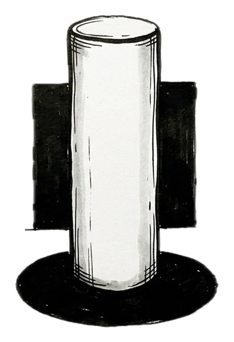 Sticker of an ink cylinder casting a circle shadow on the floor and a square shadow on the wall