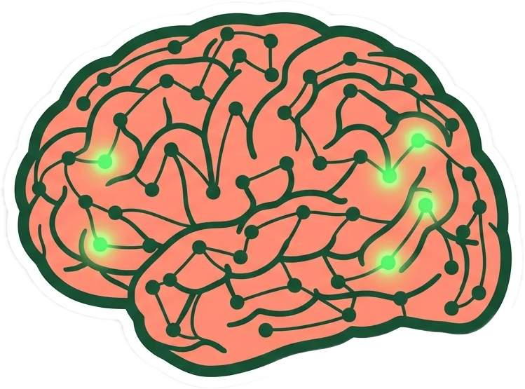 A coral-pink brain drawn as a network of connected nodes