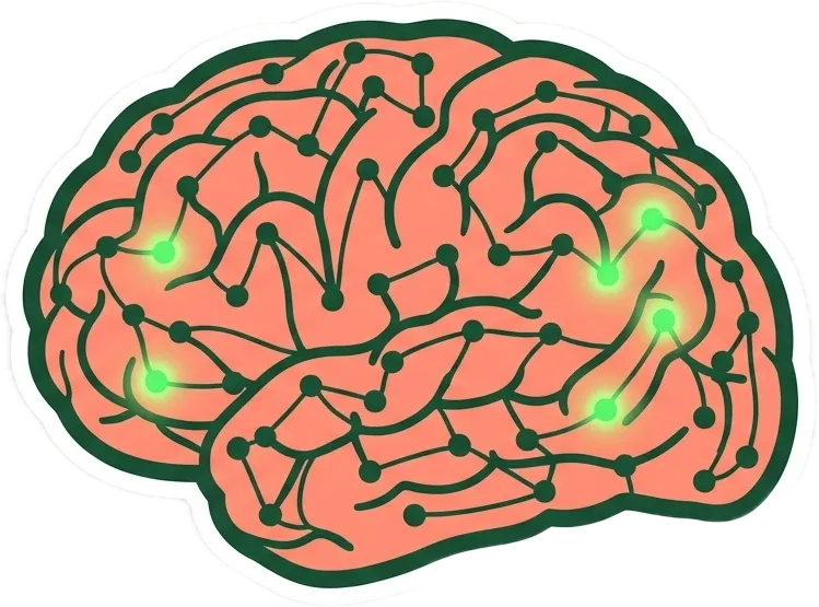 Sticker of a coral-pink brain drawn as a network of connected nodes